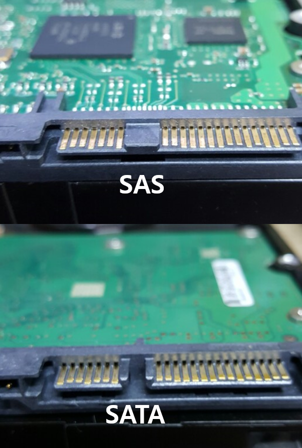 SAS와 SATA 연결단자 비교사진